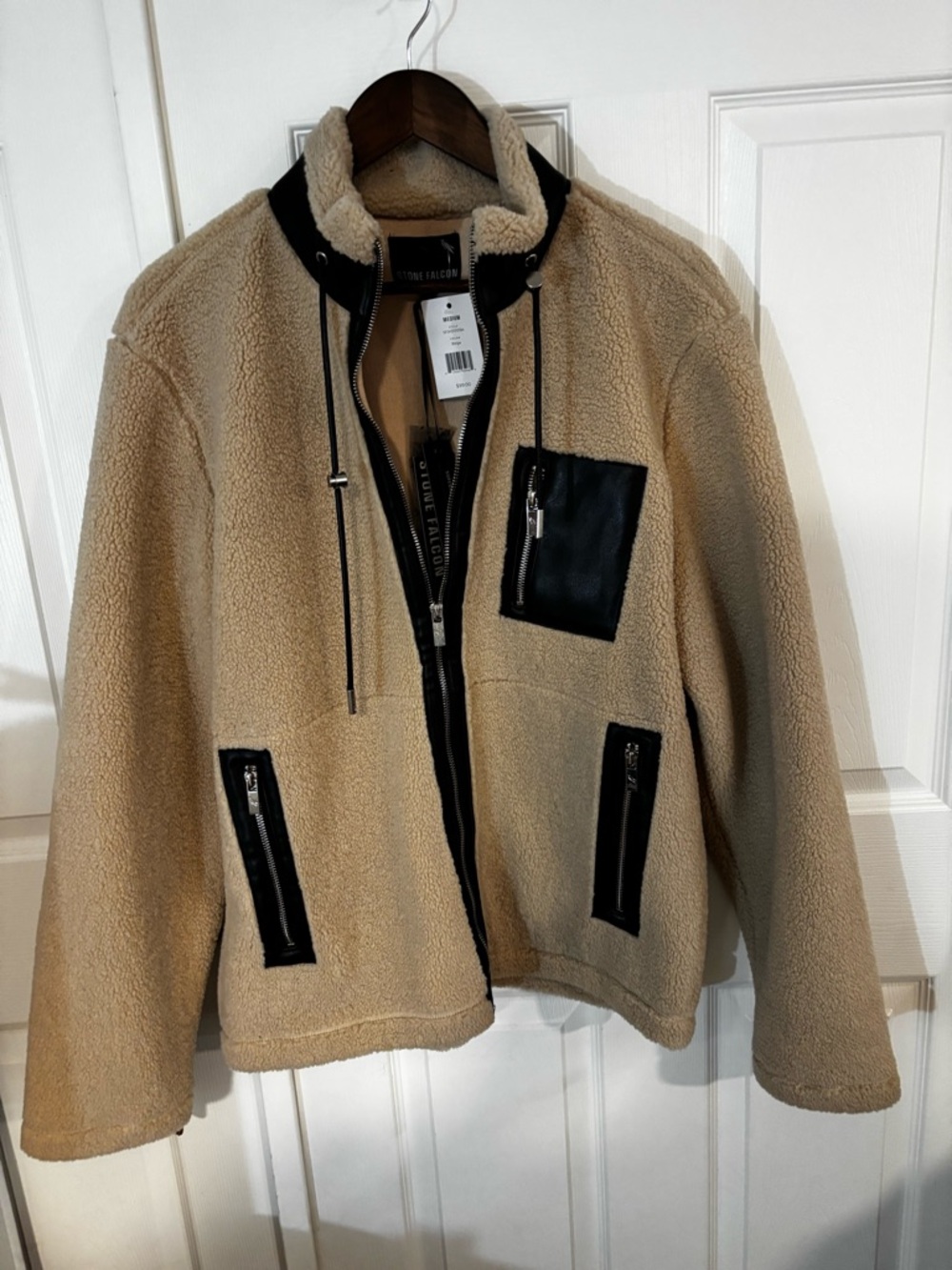 NWT Stone Falcon Beige Sherpa Jacket with Black Trim and Zipper Pockets size M